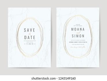 Luxury wedding invitation cards with gold and metallic marble texture and geometric pattern vector design template