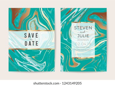 Luxury wedding invitation cards with gold and metallic marble texture and geometric pattern vector design template