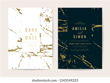 Luxury wedding invitation cards with gold and metallic marble texture and geometric pattern vector design template