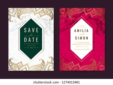 Luxury wedding invitation cards with gold marble texture and geometric pattern , Classic Flair, vintage vector design template
