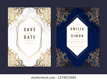 Luxury wedding invitation cards with gold marble texture and geometric pattern , Classic Flair, vintage vector design template