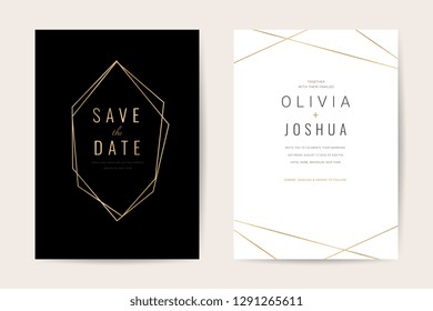 Luxury wedding invitation cards with gold marble texture and geometric pattern minimal style vector design template