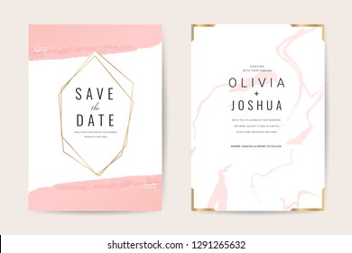 Luxury wedding invitation cards with gold marble texture and geometric pattern minimal style vector design template