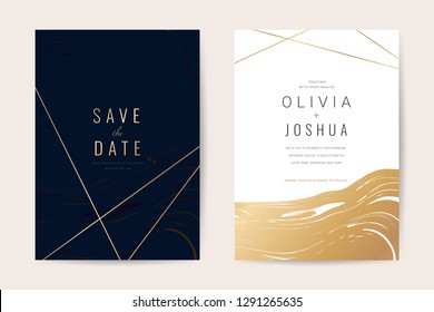 Luxury wedding invitation cards with gold marble texture and geometric pattern minimal style vector design template