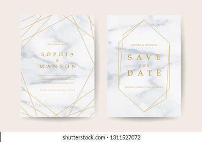 Luxury wedding invitation cards with gold marble texture and geometric pattern vector design template