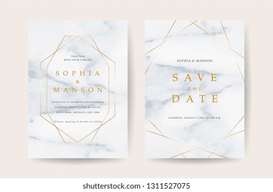 Luxury wedding invitation cards with gold marble texture and geometric pattern vector design template