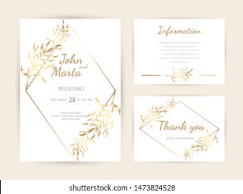 Luxury Wedding invitation cards with gold geometric polygonal lines vector design template. eps10