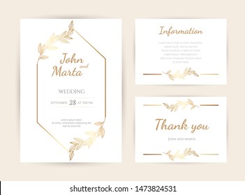Luxury Wedding invitation cards with gold geometric polygonal lines vector design template. eps10