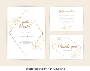 Luxury Wedding invitation cards with gold geometric polygonal lines vector design template. eps10