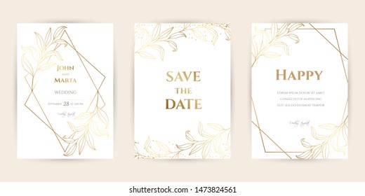 Luxury Wedding invitation cards with gold geometric polygonal lines vector design template. eps10