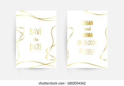Luxury wedding invitation cards with gold marble texture and geometric pattern vector design template.