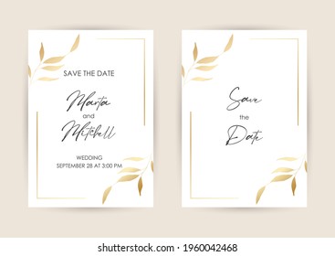 Luxury wedding invitation cards with gold flowers and geometric pattern vector design template