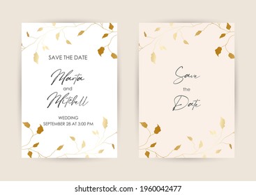 Luxury wedding invitation cards with gold flowers and geometric pattern vector design template