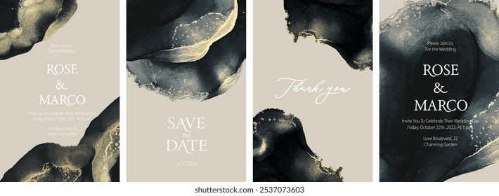 Luxury wedding invitation cards with gold, black and grey  marble watercolor texture. Ink art. Save the date. Business card, invitation.