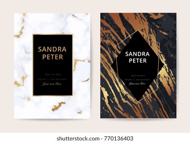 Luxury  wedding invitation cards with gold marble texture background and golden line vector illustration.
