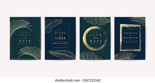 Luxury Wedding invitation cards with golden tropical leave you can apply this design to Save the date cars, RSVP, Wedding menu and print cover design. - Vector