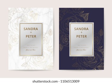 Luxury wedding invitation cards with indigo and gold marble texture and rose flower geometric pattern vector design template