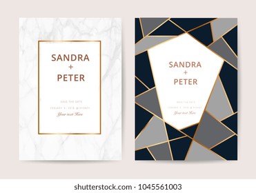 Luxury  wedding invitation cards with marble texture and golden geometric line vector illustration. 