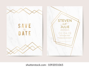 Luxury wedding invitation cards with marble texture and geometric gold pattern vector design template