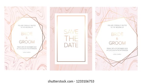 Luxury wedding invitation cards with marble texture and gold geometric pattern vector design template. Trendy wedding invitation. All elements are isolated and editable.