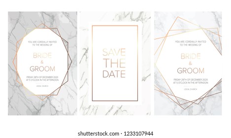 Luxury wedding invitation cards with marble texture and gold geometric pattern vector design template. Trendy wedding invitation. All elements are isolated and editable.