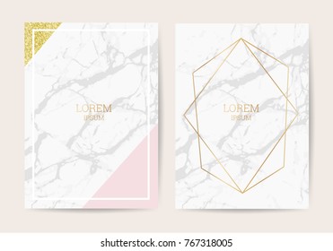 Luxury  wedding invitation cards with marble texture and golden geometric line vector illustration. 