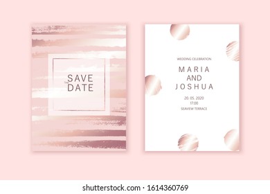 Luxury wedding invitation cards with rose gold texture. Soft pink pale color design. Modern minimal style.