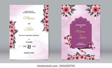 Luxury wedding invitation cherry blossoms on watercolor background
