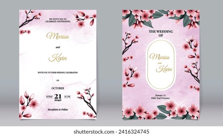 Luxury wedding invitation cherry blossoms on watercolor background