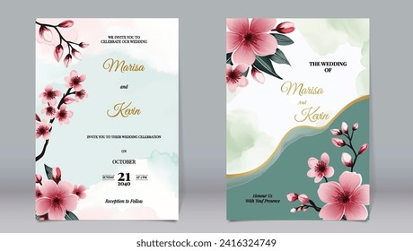 Luxury wedding invitation cherry blossoms on watercolor background