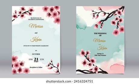Luxury wedding invitation cherry blossoms on watercolor background