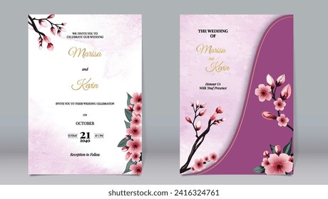 Luxury wedding invitation cherry blossoms on watercolor background