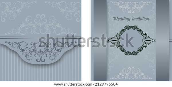 Luxury wedding invitation decorative floral\
and swirl vector grey color with\
ribbon