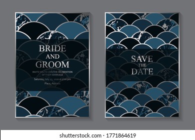 Luxury wedding invitation design or card templates for business or presentation or greeting with blue and silers chinese scales.
