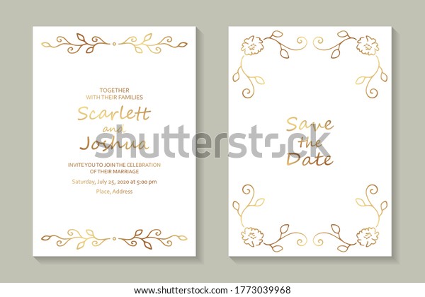Luxury wedding invitation design or card\
templates for business or presentation or greeting with golden\
floral borders on a white\
background.
