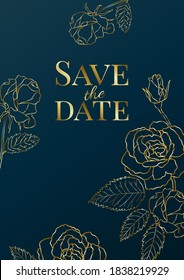 luxury wedding invitation design or greeting card template with golden roses on a navy blue background