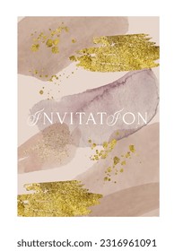 Luxury wedding invitation. Elegant flyer with template text and glittering gold ornaments. Fashion poster with trendy pattern for holidays and vip parties. Watercolor flat vector illustration