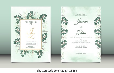 Luxury wedding invitation eucalyptus leaves with watercolor background