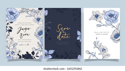 Luxury Wedding Invitation, floral invite thank you, rsvp modern card Design in peony with  leaf greenery  branches decorative Vector elegant rustic template