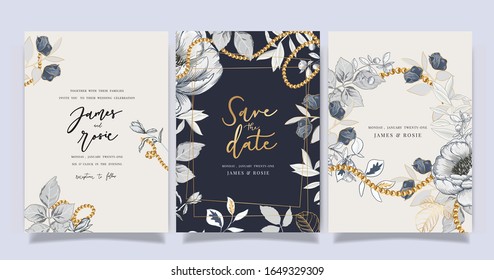 Luxury Wedding Invitation, floral invite thank you, rsvp modern card Design in black and white peony with leaf branches decorative Vector elegant rustic template