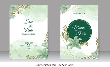 Luxury wedding invitation with green flowers and watercolor background