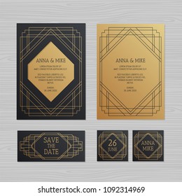 Luxury wedding invitation or greeting card with geometric ornament. Art Deco style. Paper envelope template. Wedding invitation envelope mock-up for laser cutting. Vector illustration. 