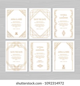 Luxury wedding invitation or greeting card with geometric ornament. Art Deco style. Vector illustration. 