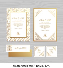 Luxury wedding invitation or greeting card with geometric ornament. Art Deco style. Vector illustration. 