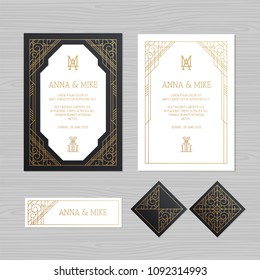 Luxury wedding invitation or greeting card with geometric ornament. Art Deco style. Paper envelope template. Wedding invitation envelope mock-up for laser cutting. Vector illustration. 