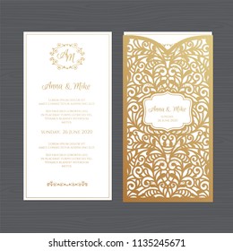 Luxury wedding invitation or greeting card with vintage floral ornament. Paper lace envelope template. Wedding invitation envelope mock-up for laser cutting. Vector illustration.