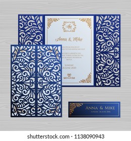 Luxury wedding invitation or greeting card with vintage floral ornament. Paper lace envelope template. Wedding invitation envelope mock-up for laser cutting. Vector illustration.