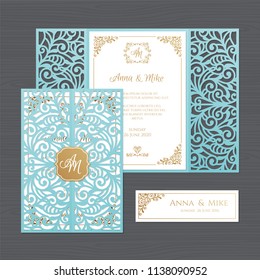 Invitación de boda de lujo o tarjeta de bienvenida con adorno floral vintage. Plantilla de envolvente de papel. Modelo de sobre invitación de matrimonio para corte láser. Ilustración vectorial.