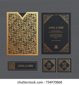 Luxury wedding invitation or greeting card with geometric ornament. Art Deco style. Paper lace envelope template. Wedding invitation envelope mock-up for laser cutting. Vector illustration. 