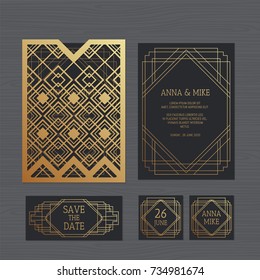 Luxury wedding invitation or greeting card with geometric ornament. Art Deco style. Paper lace envelope template. Wedding invitation envelope mock-up for laser cutting. Vector illustration. 